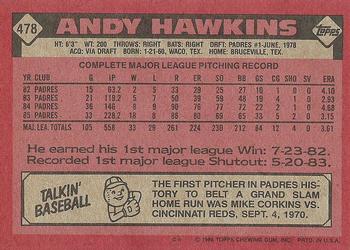 1986 Topps #478 Andy Hawkins Back