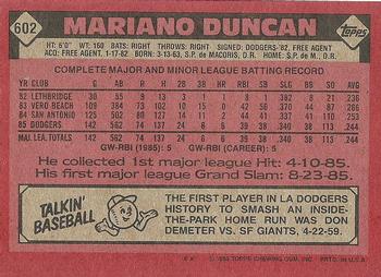1986 Topps #602 Mariano Duncan Back