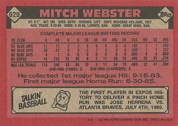 1986 Topps #629 Mitch Webster Back