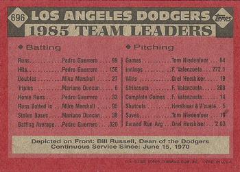 1986 Topps #696 Dodgers Leaders Back