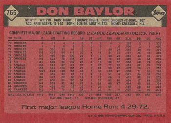 1986 Topps #765 Don Baylor Back