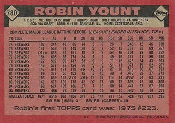 1986 Topps #780 Robin Yount Back