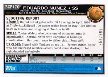 2010 Bowman Chrome - Prospects Purple Refractors #BCP170 Eduardo Nunez Back