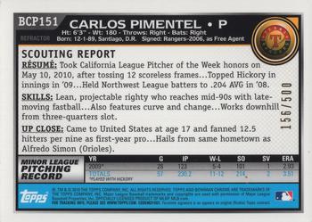 2010 Bowman Chrome - Prospects Refractors #BCP151 Carlos Pimentel Back