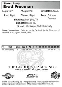 1999 Choice Carolina League Top Prospects #NNO Brad Freeman Back