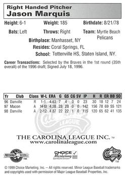 1999 Choice Carolina League Top Prospects #NNO Jason Marquis Back