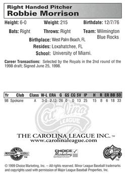 1999 Choice Carolina League Top Prospects #NNO Robbie Morrison Back