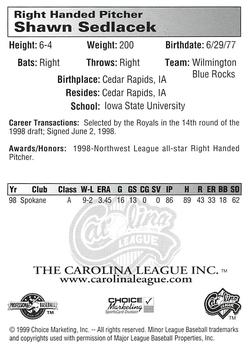 1999 Choice Carolina League Top Prospects #NNO Shawn Sedlacek Back