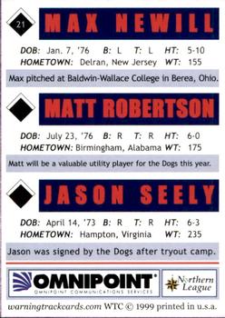 1999 Warning Track Albany-Colonie Diamond Dogs #21 Max Newill / Matt Robertson / Jason Seely Back