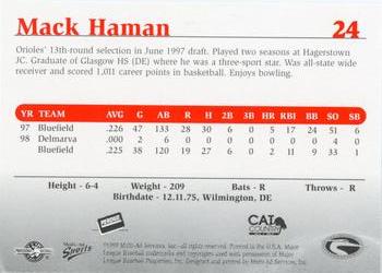 1999 Multi-Ad Delmarva Shorebirds #24 Mack Haman Back