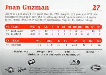1999 Multi-Ad Delmarva Shorebirds #27 Juan R. Guzman Back