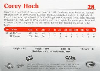 1999 Multi-Ad Delmarva Shorebirds #28 Corey Hoch Back