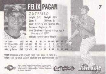1999 Fort Myers Miracle #NNO Felix Pagan Back