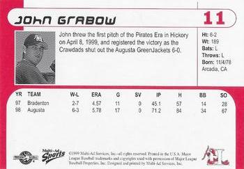 1999 Multi-Ad Hickory Crawdads #11 John Grabow Back