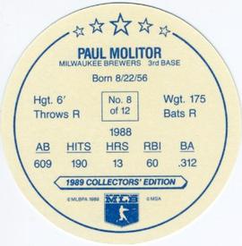 1989 Master Bread Discs #8 Paul Molitor Back
