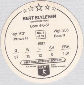 1988 Master Bread Discs Minnesota Twins #NNO Bert Blyleven Back