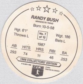 1988 Master Bread Discs Minnesota Twins #NNO Randy Bush Back