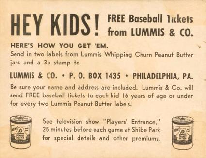 1949 Lummis Peanut Butter Philadelphia Phillies #NNO Richie Ashburn Back