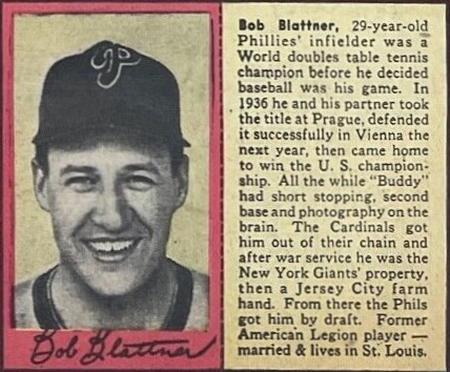 1949 Philadelphia Bulletin Athletics/Phillies #NNO Buddy Blattner Front