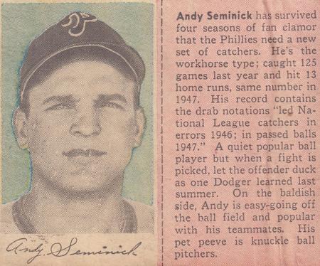 1949 Philadelphia Bulletin Athletics/Phillies #NNO Andy Seminick Front