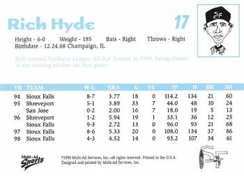 1999 Multi-Ad Sioux Falls Canaries #NNO Rich Hyde Back