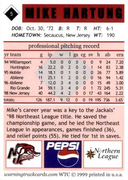 1999 Warning Track New Jersey Jackals #5 Mike Hartung Back