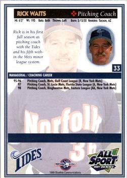 1999 Blueline Norfolk Tides #33 Rick Waits Back
