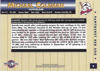1999 Blueline Pawtucket Red Sox #9 Michael Coleman Back