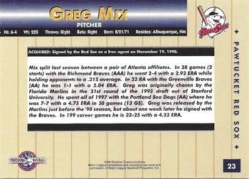 1999 Blueline Pawtucket Red Sox #23 Greg Mix Back
