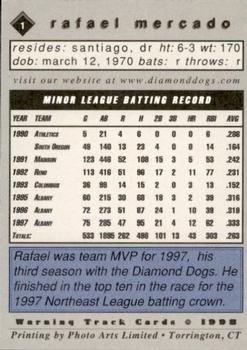 1998 Warning Track Albany-Colonie Diamond Dogs #1 Rafael Mercado Back