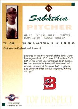1998 Blueline Q-Cards Appalachian League Top Prospects #16 C.C. Sabathia Back