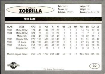 1998 Blueline Q-Cards Binghamton Mets #30 Julio Zorrilla Back