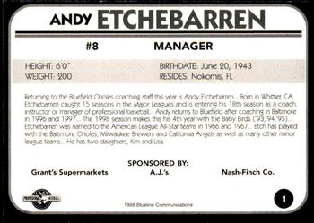 1998 Blueline Q-Cards Bluefield Orioles #1 Andy Etchebarren Back