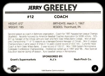 1998 Blueline Q-Cards Bluefield Orioles #4 Jerry Greeley Back