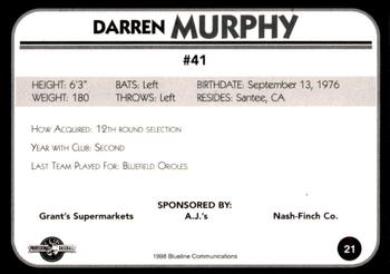 1998 Blueline Q-Cards Bluefield Orioles #21 Darren Murphy Back