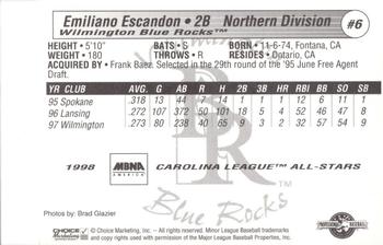 1998 Choice Carolina League All-Stars #6 Emiliano Escandon Back
