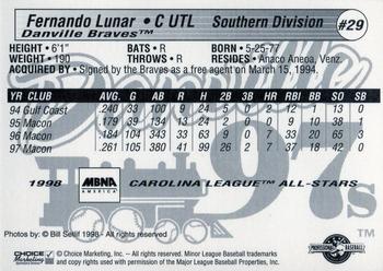 1998 Choice Carolina League All-Stars #29 Fernando Lunar Back