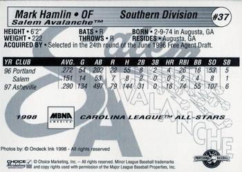 1998 Choice Carolina League All-Stars #37 Mark Hamlin Back