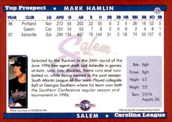 1998 Blueline Q-Cards Carolina League Top Prospects #15 Mark Hamlin Back
