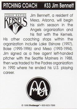 1998 Cedar Rapids Kernels #NNO Jim Bennett Back