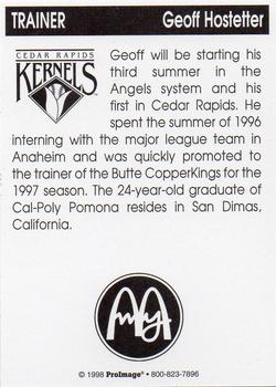 1998 Cedar Rapids Kernels #NNO Geoff Hostetter Back