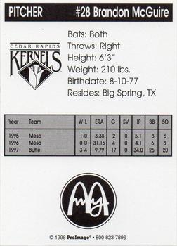 1998 Cedar Rapids Kernels #NNO Brandon McGuire Back