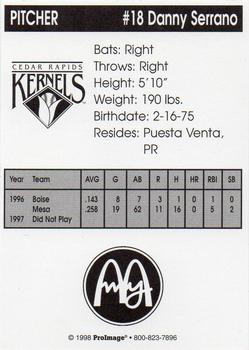 1998 Cedar Rapids Kernels #NNO Danny Serrano Back