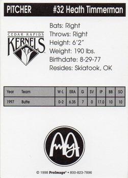 1998 Cedar Rapids Kernels #NNO Heath Timmerman Back