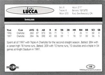 1998 Blueline Q-Cards Charlotte Knights #19 Lou Lucca Back