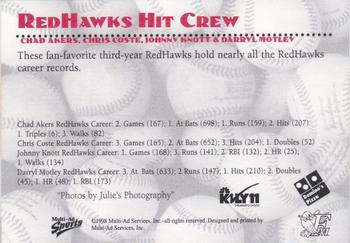 1998 Multi-Ad Fargo-Moorhead RedHawks #NNO RedHawks Hit Crew (Chad Akers / Chris Coste / Johnny Knott / Darryl Motley) Back