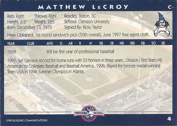 1998 Blueline Q-Cards Fort Wayne Wizards #4 Matthew LeCroy Back