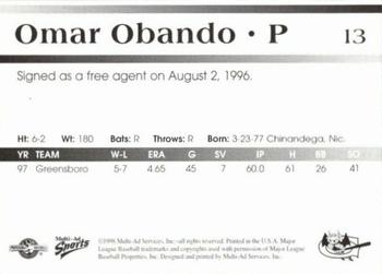 1998 Multi-Ad Greensboro Bats #13 Omar Obando Back