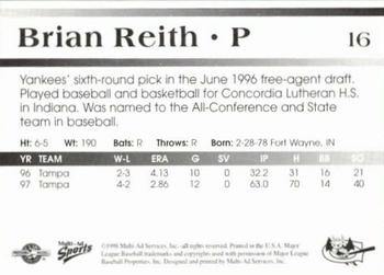 1998 Multi-Ad Greensboro Bats #16 Brian Reith Back