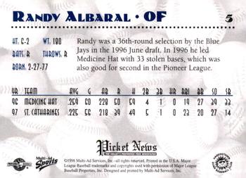 1998 Multi-Ad Hagerstown Suns #5 Randy Albaral Back